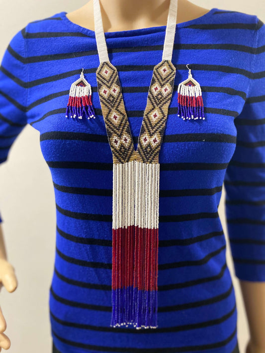 Handcrafted Bead embroidery long necklace earrings set