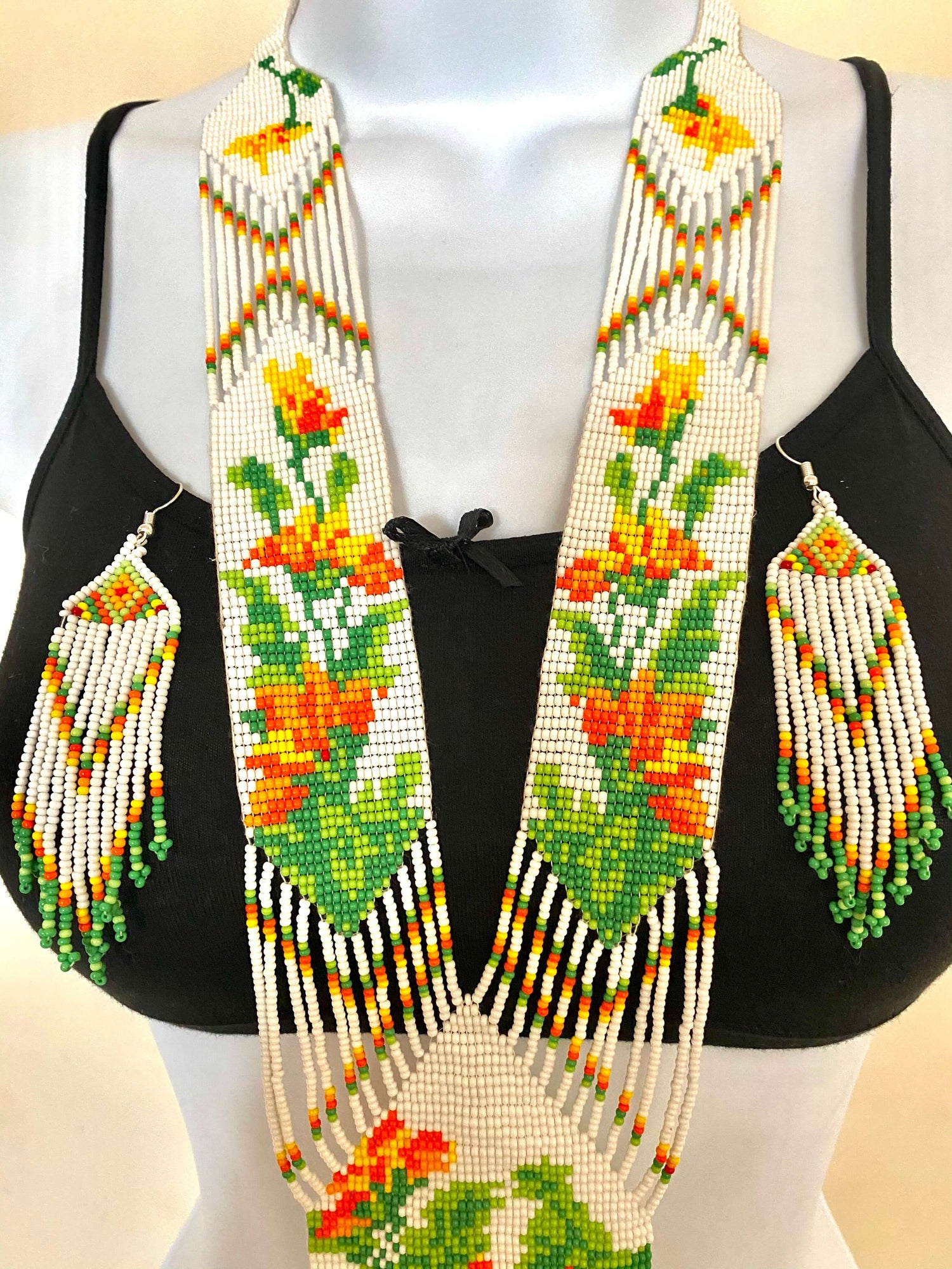 Handcrafted Bead embroidery long necklace earrings set
