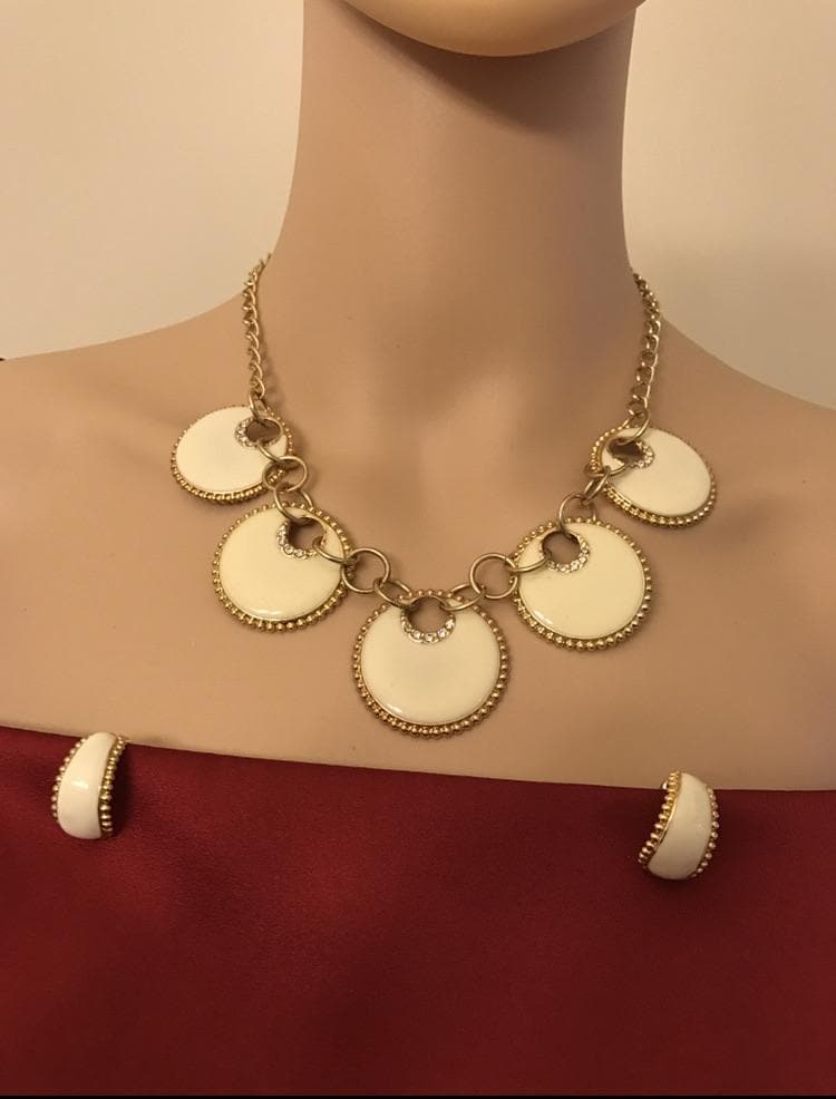 Enamel necklace earrings set for women Ivory color with rhinestone jewelry