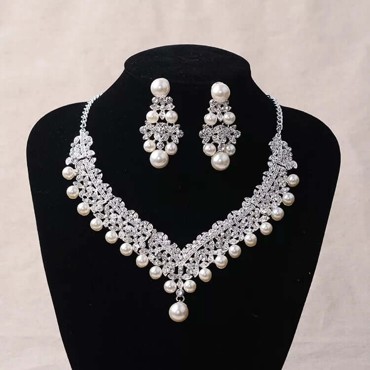 Elegant bridal necklace earrings set with cute tiara pearl decorated