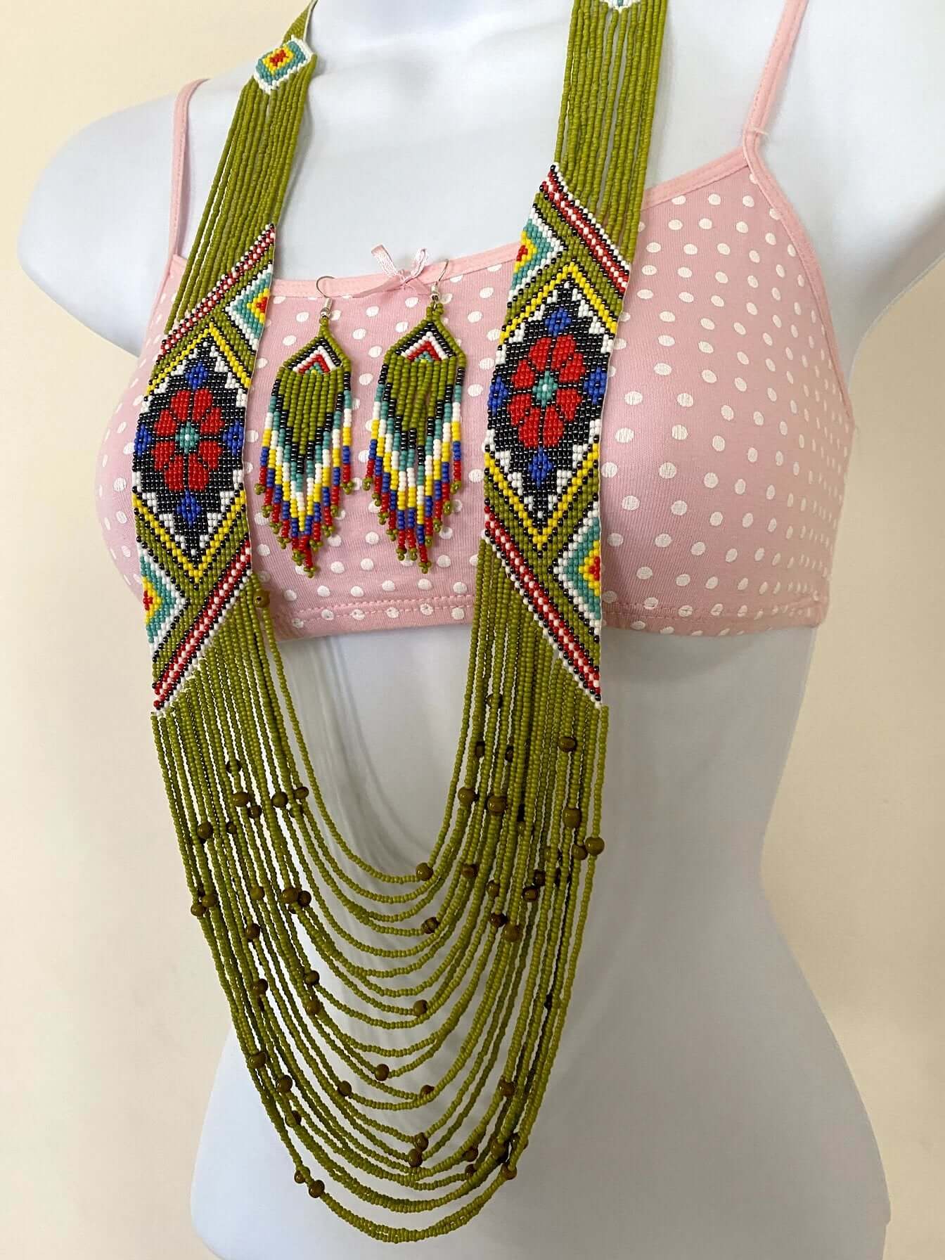 Handcrafted Bead embroidery long necklace earrings set