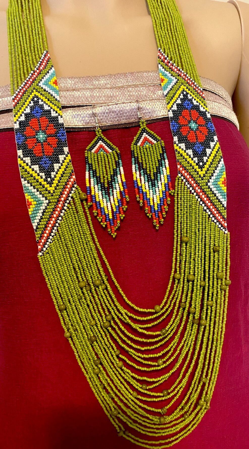 Handcrafted Bead embroidery long necklace earrings set