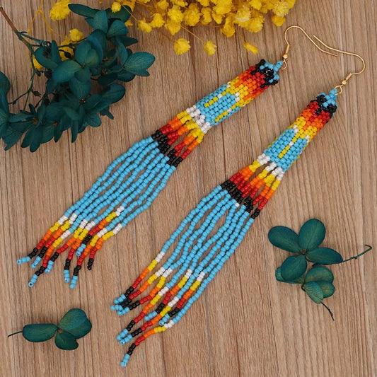 Seed bead earrings Turquoise blue long handcrafted earring