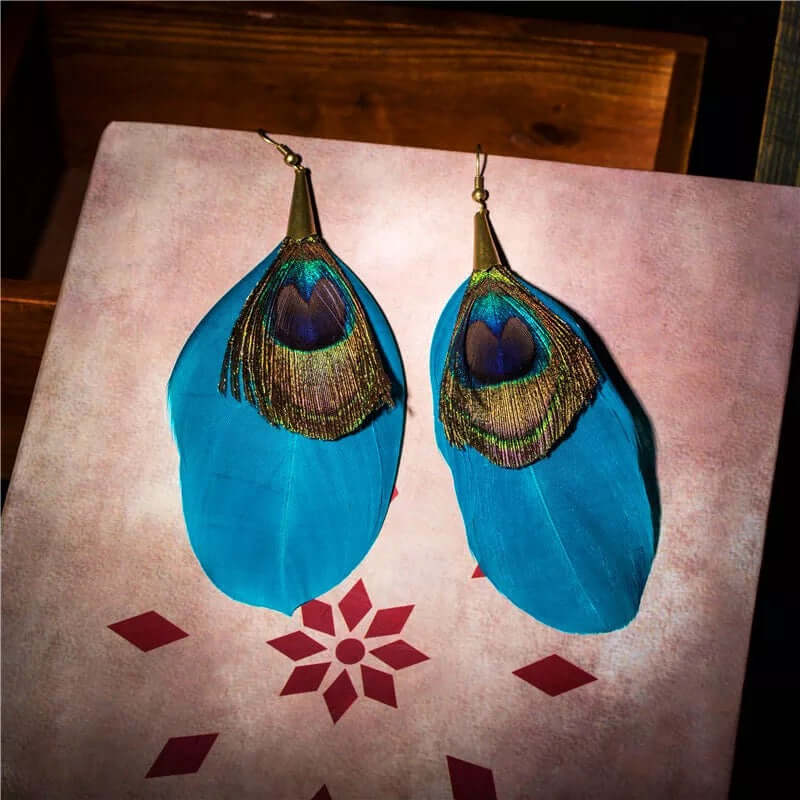 Earring Handcrafted blue feather tribal jewelry gift