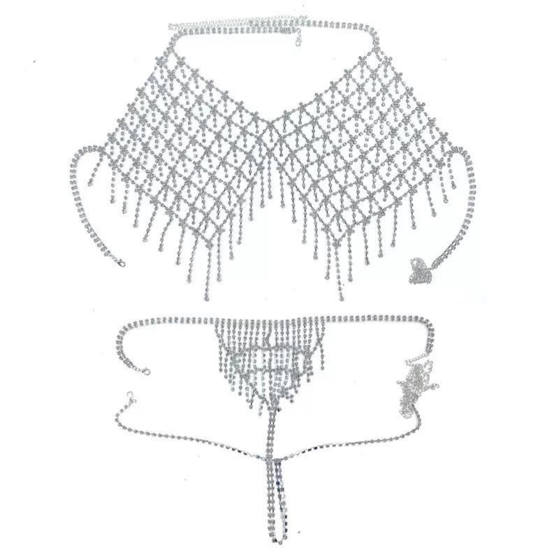 Silver bikini set tassel body jewelry bra thong set adjustable