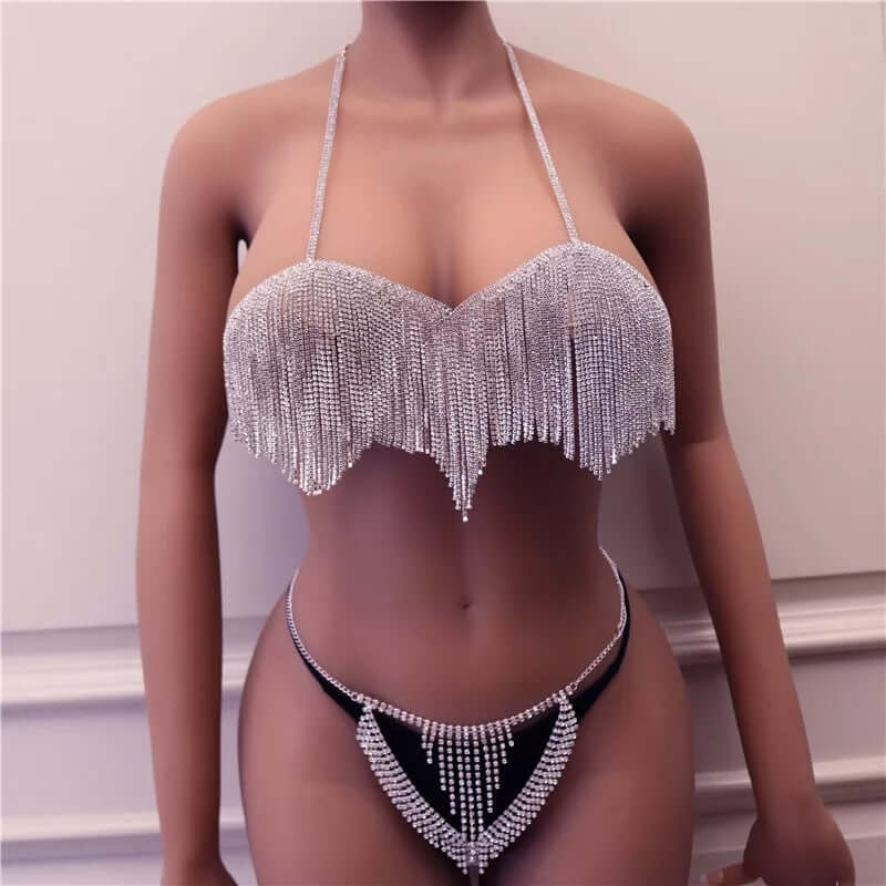 Bikini set body chain free size adjustable bling crystal bra thong set