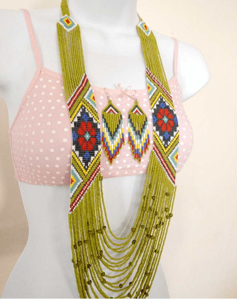 Handcrafted Bead embroidery long necklace earrings set