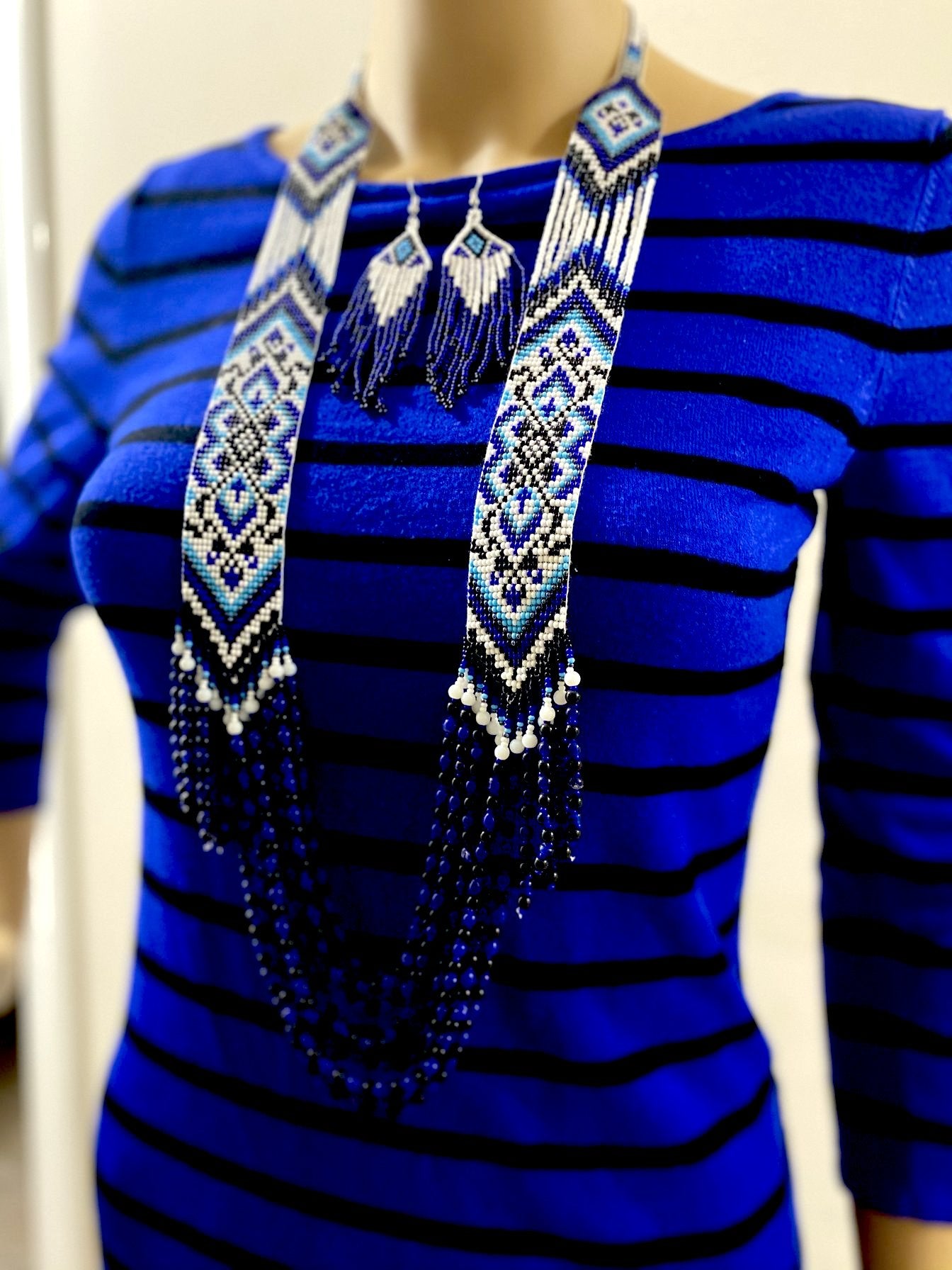 Handcrafted bead necklace earrings set blue jewelry