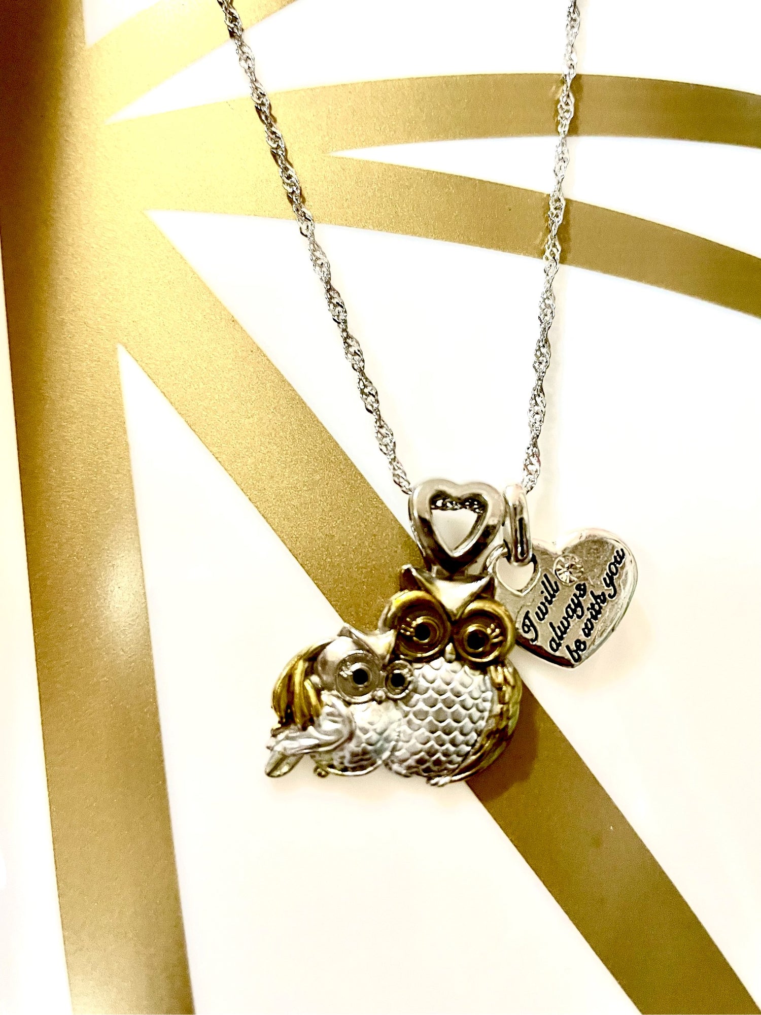 Owl charm necklace pendant love family gift 2 tone jewelry