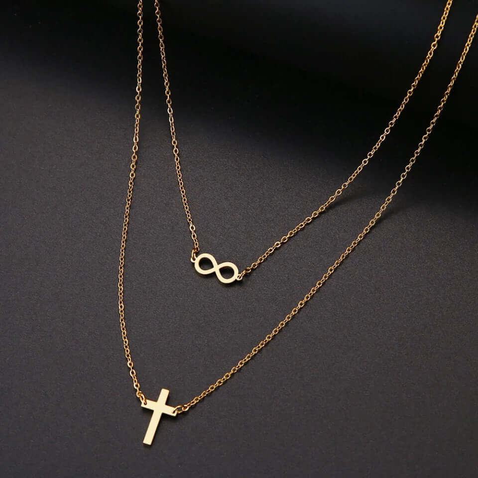 charm necklace double chain cross, infinity stainless jewelry gift