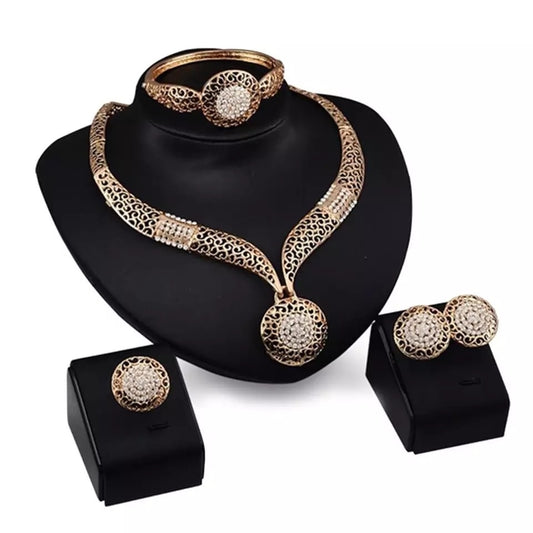 Hollow round pendant necklace earrings bracelet ring bridal jewelry set