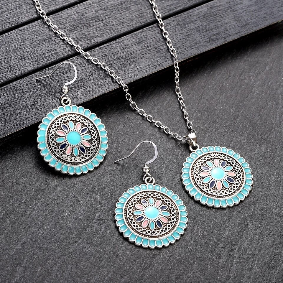 Necklace earrings set oxidized enamel jewelry