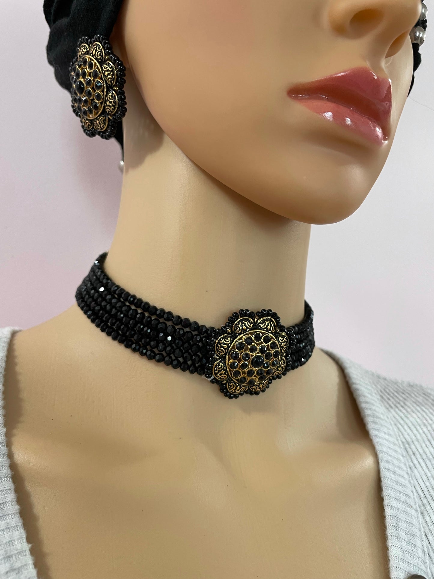 Necklace earrings set black choker handcrafted with adjustable back