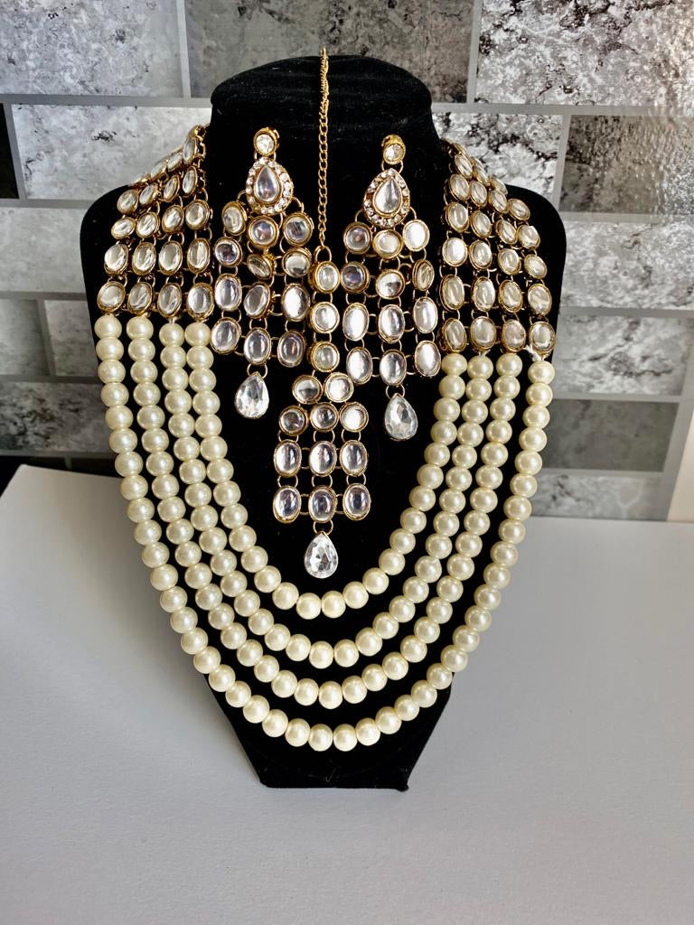 Indian/ African necklace earrings head jewelry set glass beads & kundan work