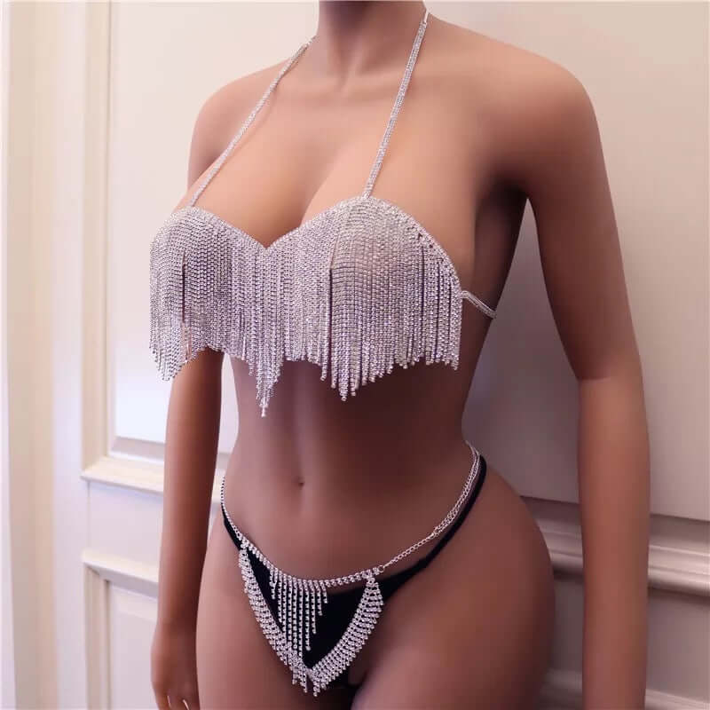 Bikini set body chain free size adjustable bling crystal bra thong set