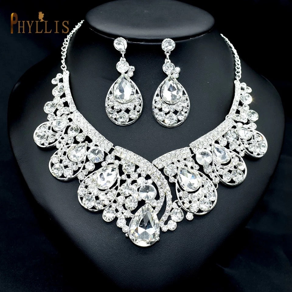 Rhinestone necklace earrings set with silver plated big crystal tiara