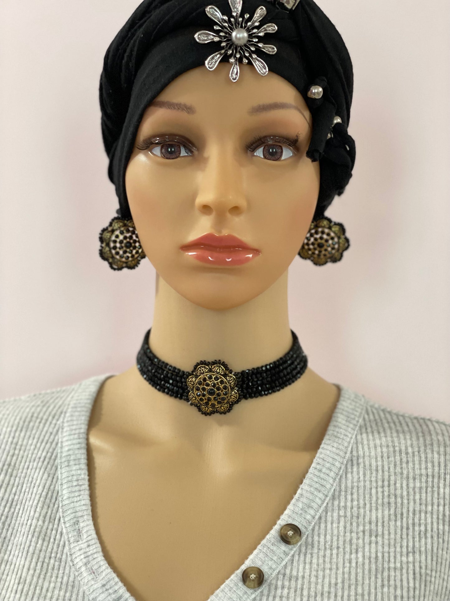 Necklace earrings set black choker handcrafted with adjustable back