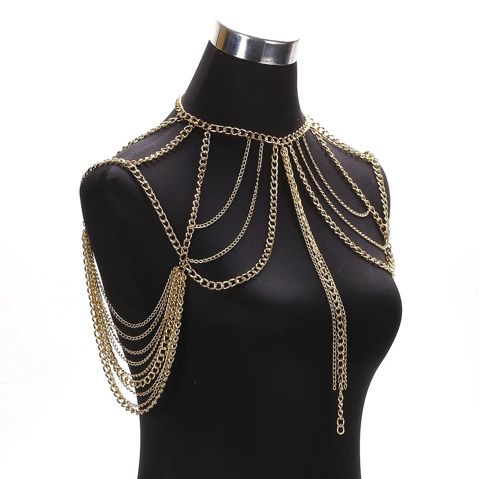 Shoulder chain multilayered waist chain and top body jewelry golden women accessory