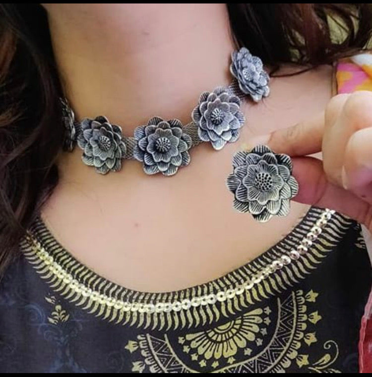 Necklace earrings oxidized bohemian Indian jewelry
