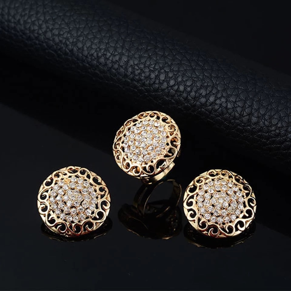 Hollow round pendant necklace earrings bracelet ring bridal jewelry set