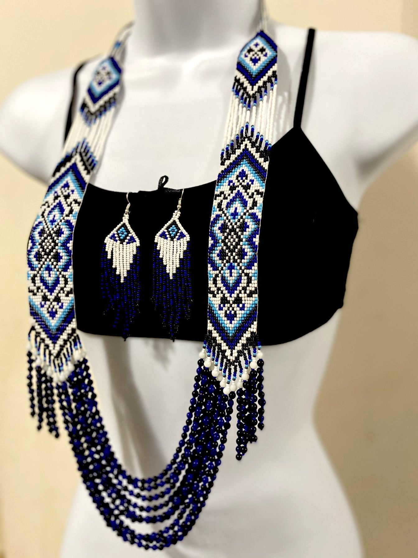 Handcrafted bead necklace earrings set blue jewelry