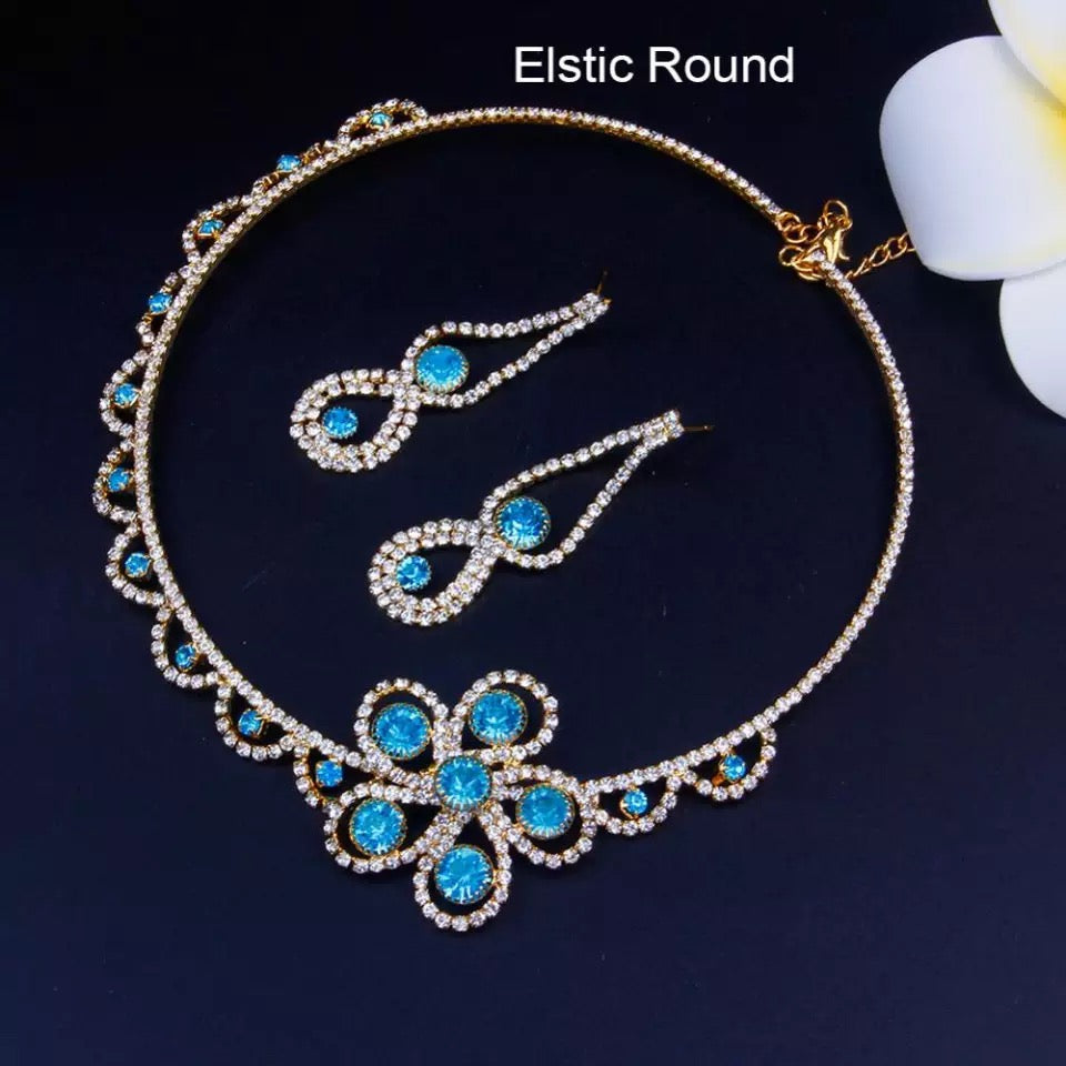Wedding Necklace earrings set rhinestone elastic ring adjustable