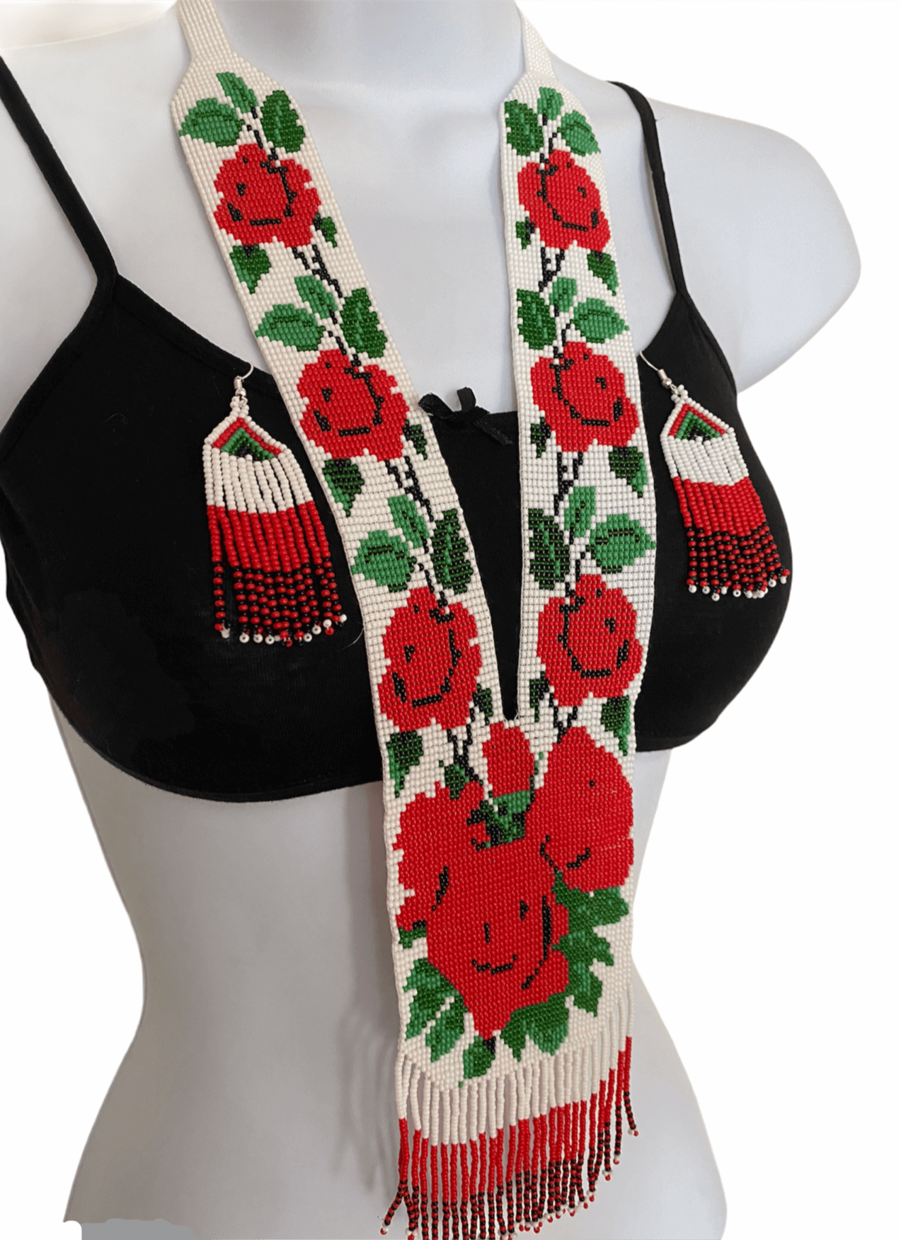 Handcrafted Bead embroidery long necklace earrings set