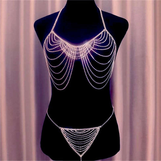 Bikini jewelry body chain bra thong set women photo shoot accessories