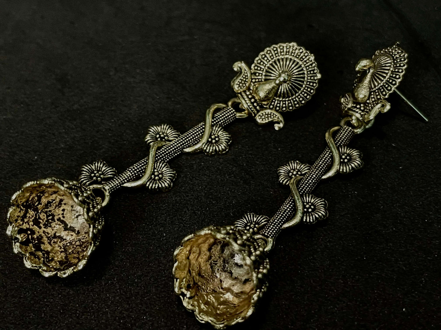 Antique look earrings peacock theme Indian jhumka