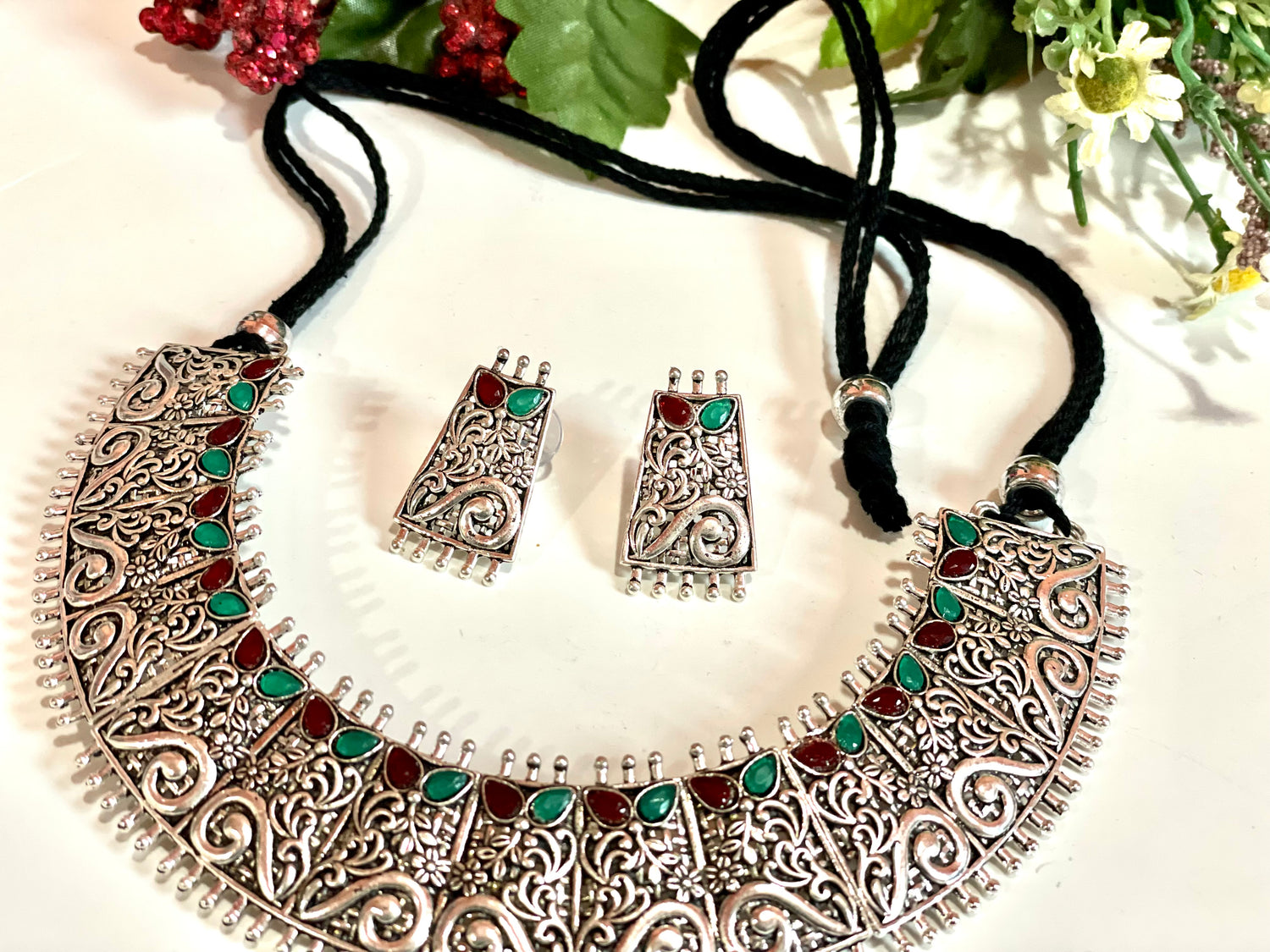 Oxidized necklace earrings adjustable handcrafted jewelry