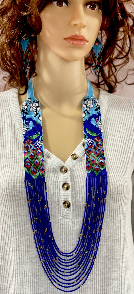 Handcrafted seed bead necklace earrings peacock jewelry design for Women