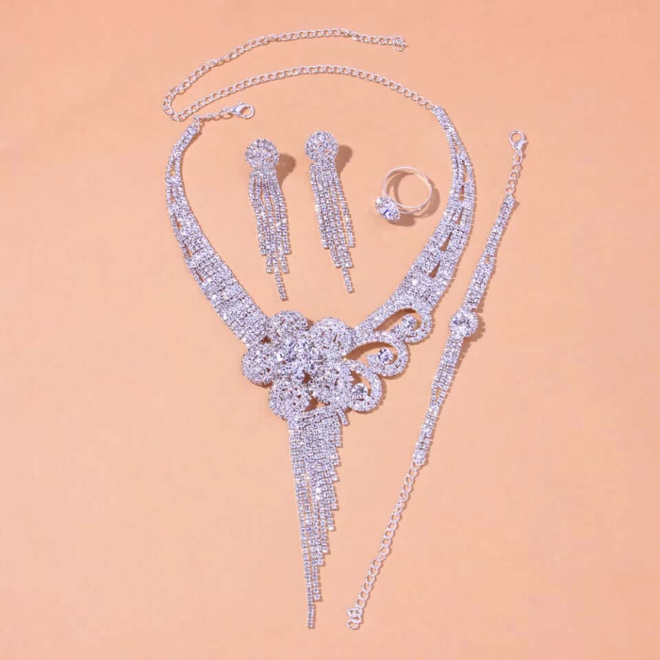 Bridal set necklace combo 4 piece wedding jewelry rhinestone silver accessory