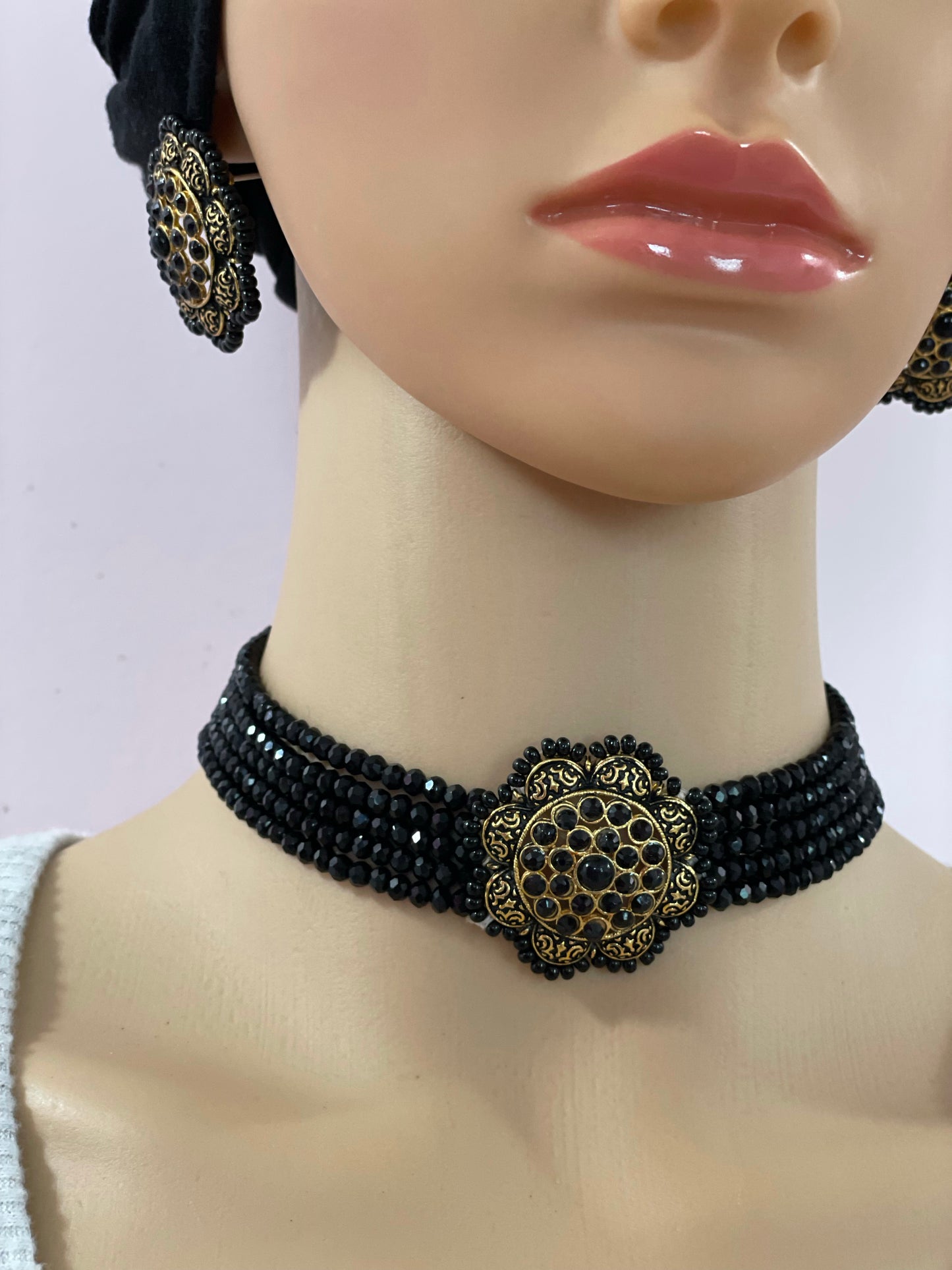 Necklace earrings set black choker handcrafted with adjustable back