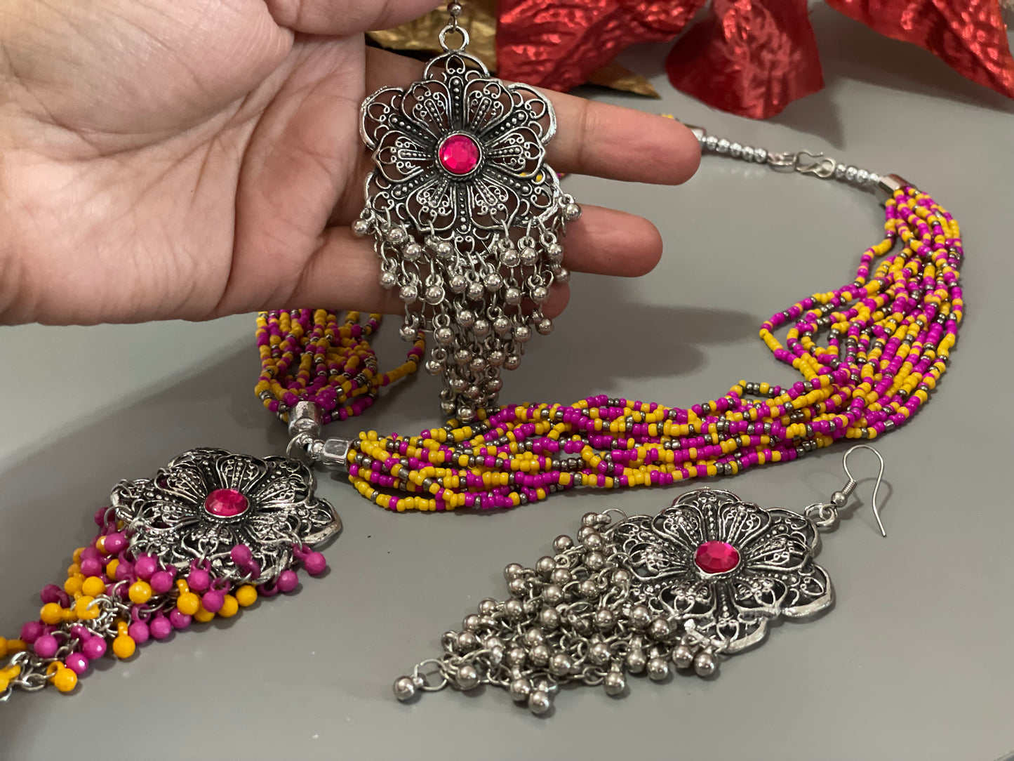 Necklace & big earrings Handcrafted seed bead Boho jewelry