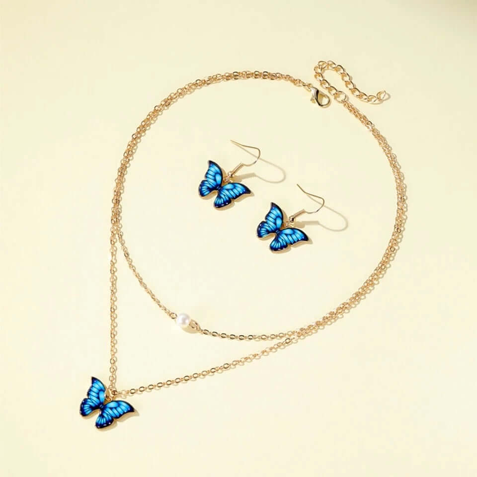Butterfly necklace set faux pearl enameled no rust jewelry gift