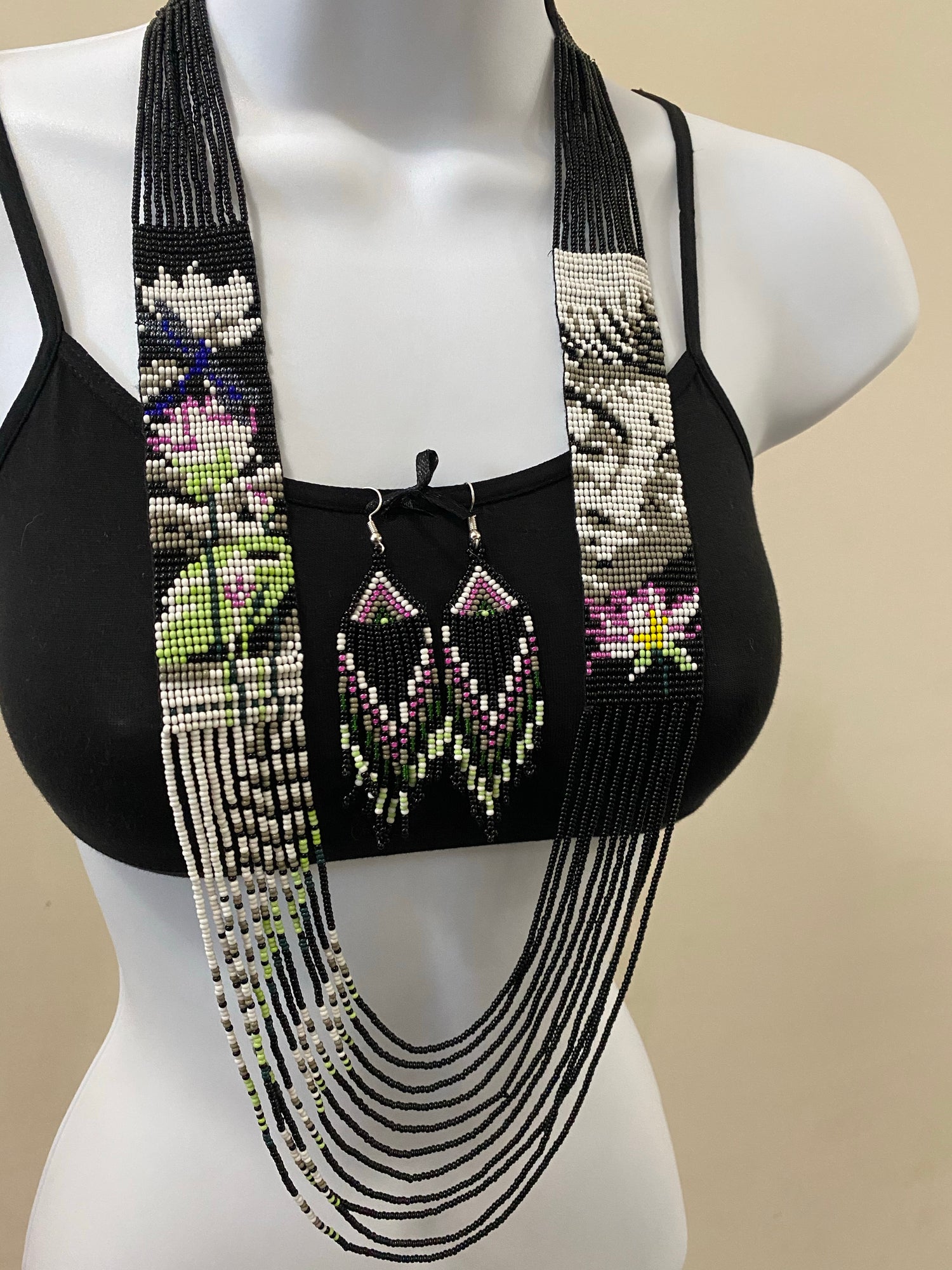 Handcrafted Bead embroidery long necklace earrings set
