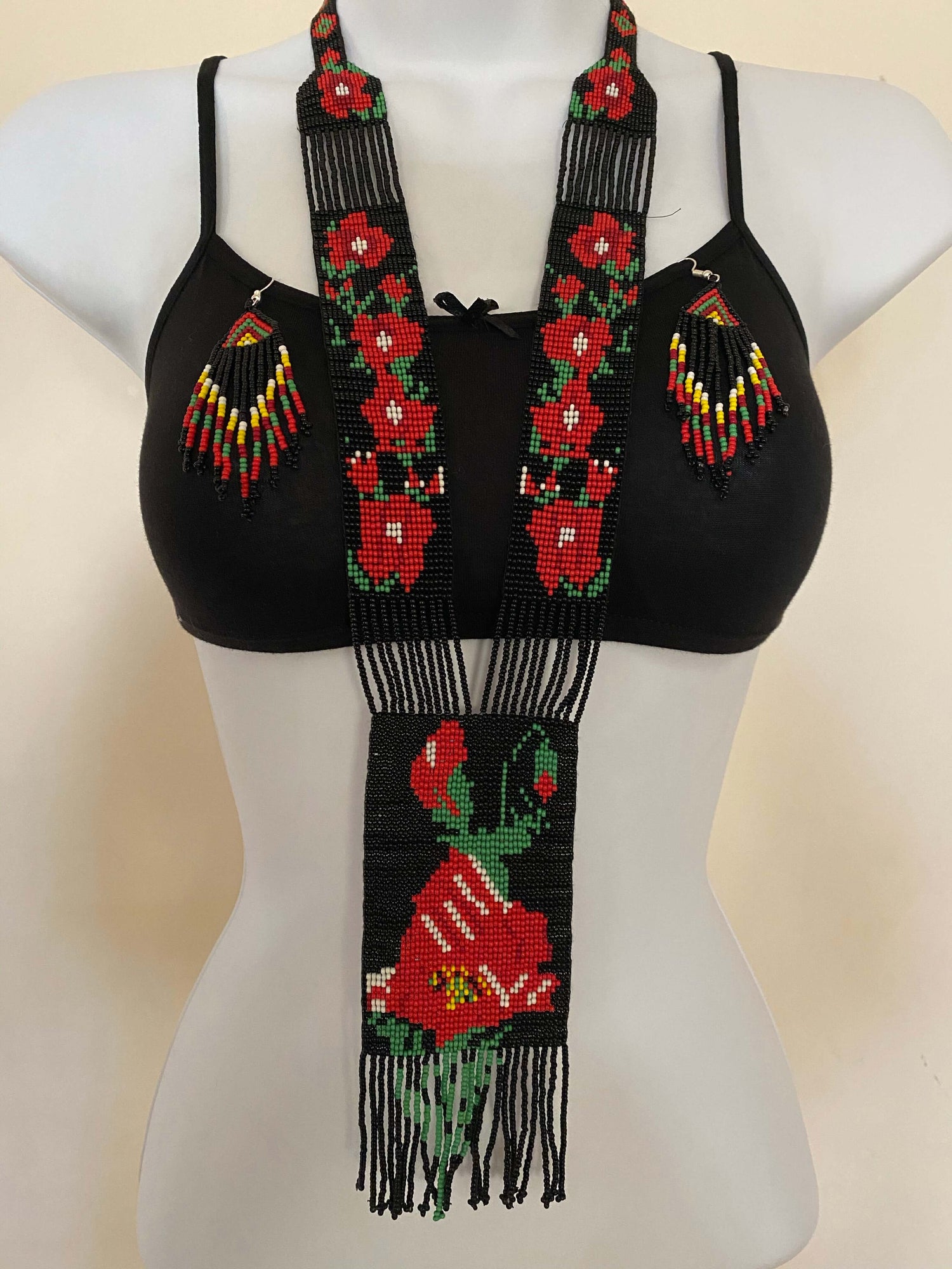 Handcrafted Bead embroidery long necklace earrings set
