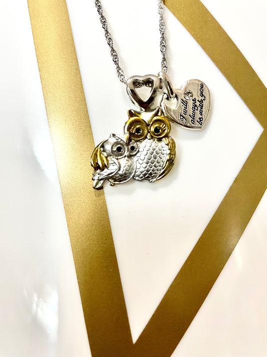 Owl charm necklace pendant love family gift 2 tone jewelry