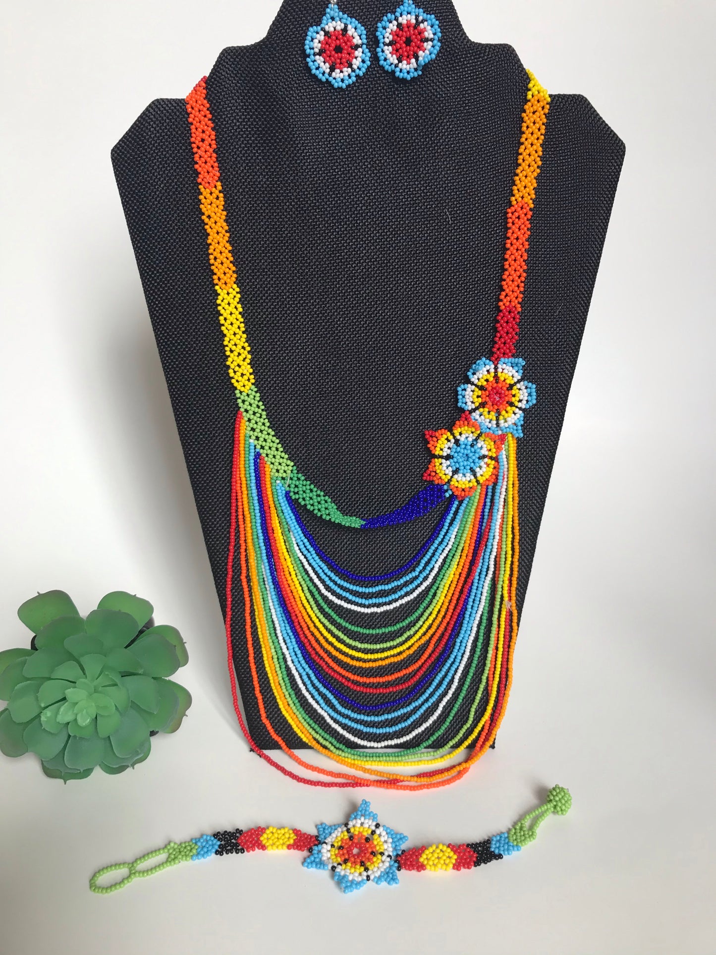 Handcrafted Bead necklace earrings set colorful jewelry