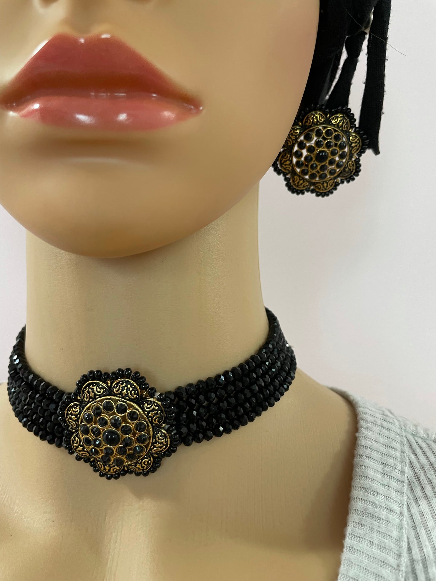 Necklace earrings set black choker handcrafted with adjustable back