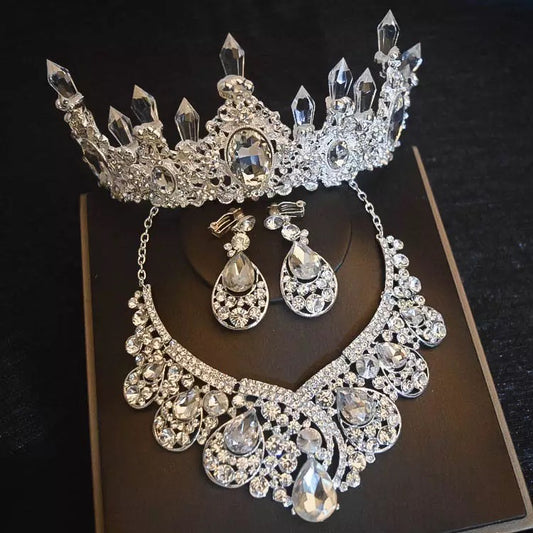 Rhinestone necklace earrings set with silver plated big crystal tiara