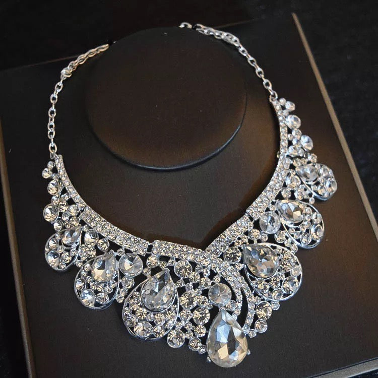 Rhinestone necklace earrings set with silver plated big crystal tiara
