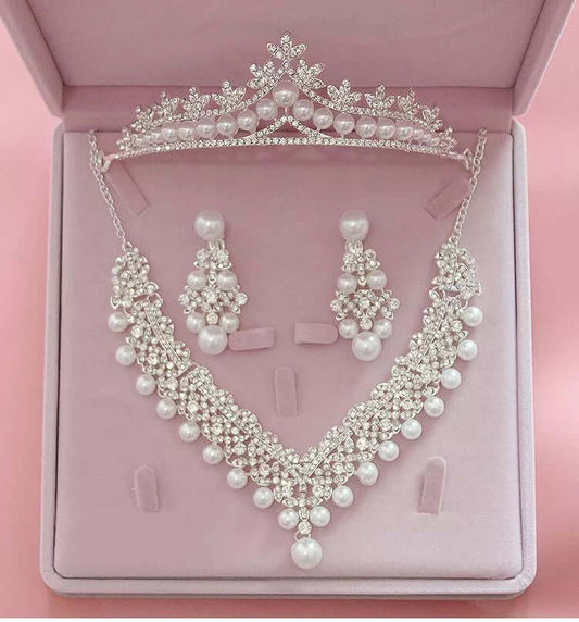 Elegant bridal necklace earrings set with cute tiara pearl decorated