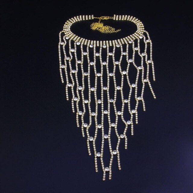 Crystal Necklace Long Tassel Bling Statement Jewelry Rhinestone